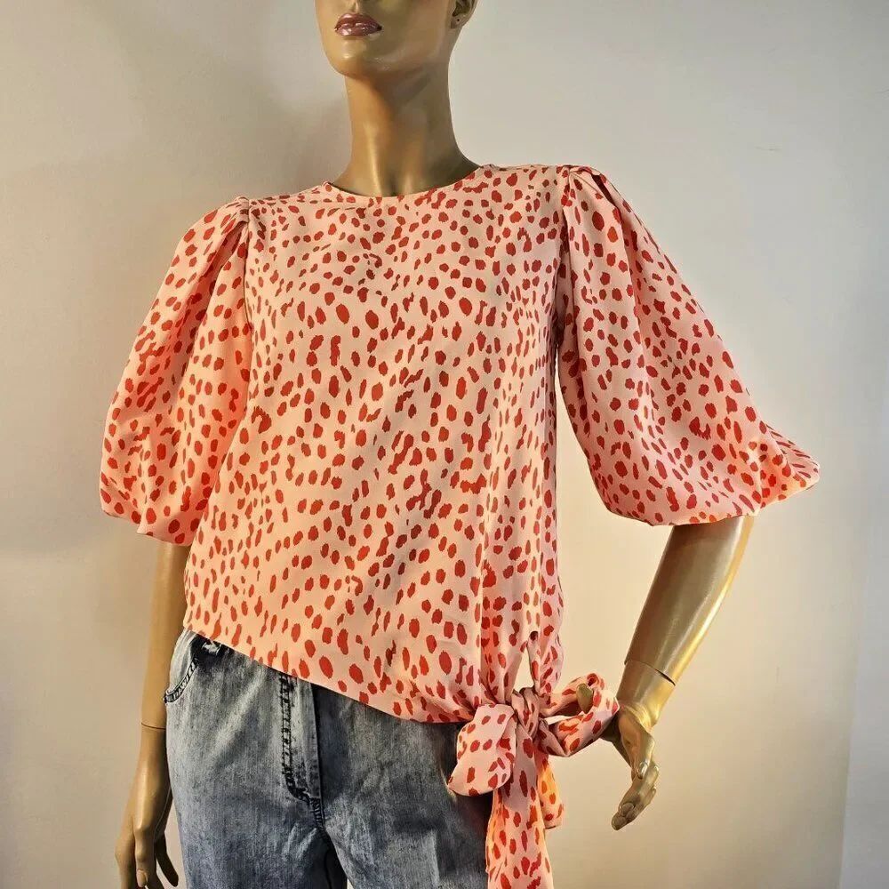 VINCE CAMUTO Animal Print Puff Sleeve Tangerine Blouse Sash Tie Womens Sz XS